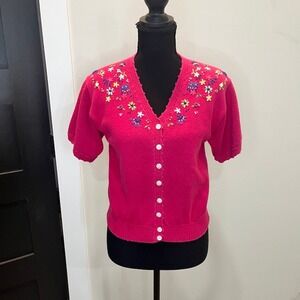 Lizsport Pink Floral Embroidered Short Sleeve Cardigan Sweater V-Neck Vintage